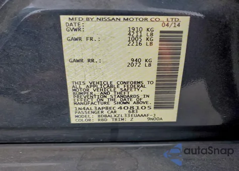 2014 Nissan Altima 2.5 from USA, damaged, VIN 1N4AL3AP8EC408105